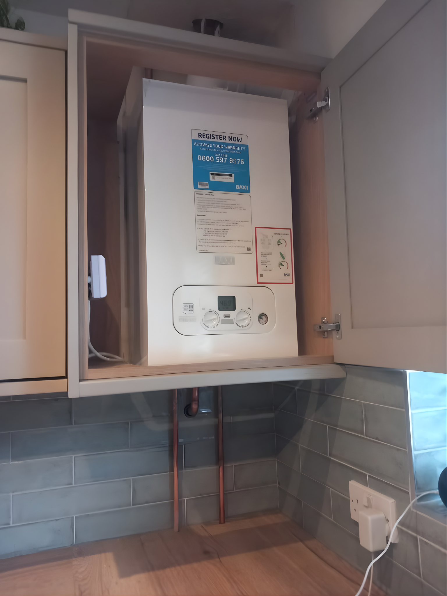 Boiler installed above worktop with clean finish